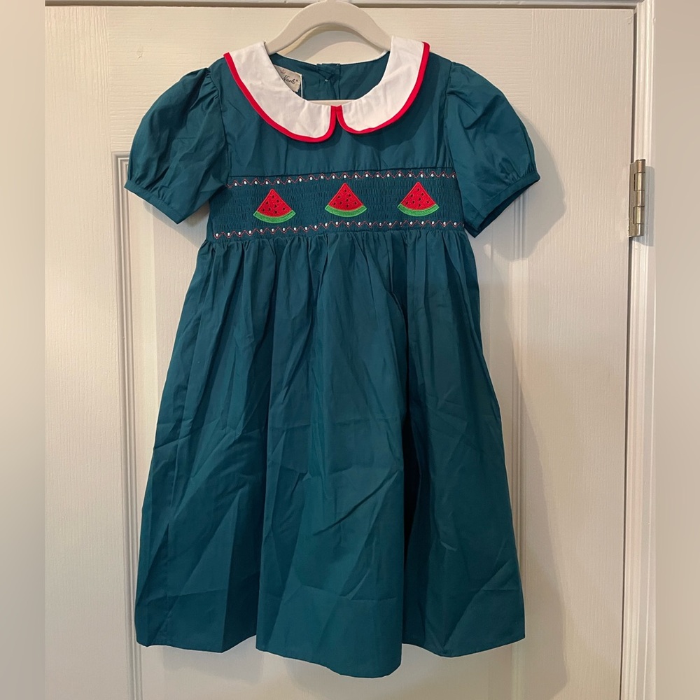 Girls Teal Dress with Watermelon Embroidery